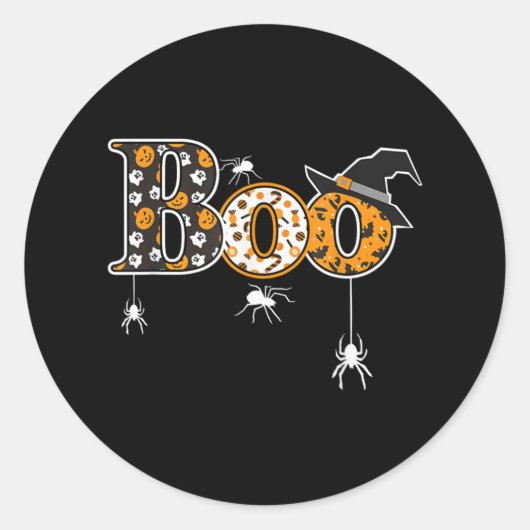 Boo With Spiders And Witch Hat Halloween Ronde Sticker (Voorkant)