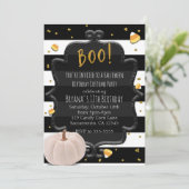 BOO! Witte Pompoen & Candy Corn Halloween Feest Kaart (Staand voorkant)