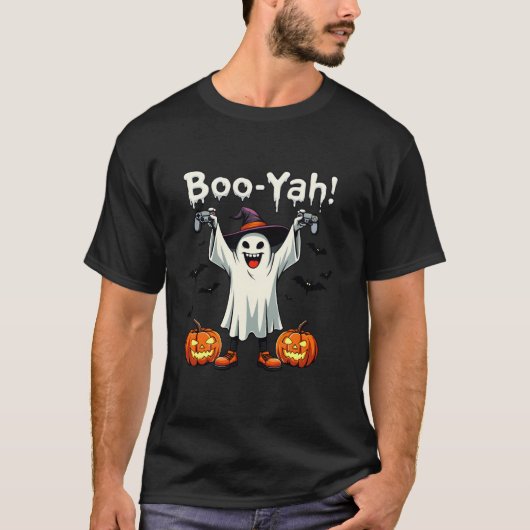 Boo Yah Spooky Gamer Ghost met controller Hallowe T-shirt (Voorkant)