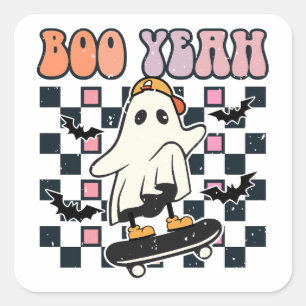 Boo Yeah - Retro Schattige Ghost Skateboard Vierkante Sticker