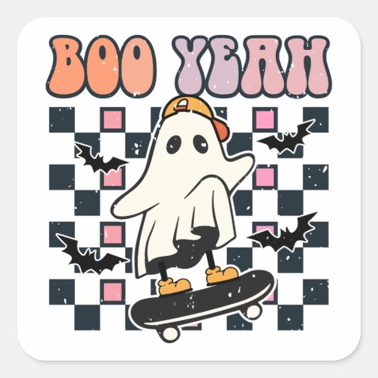 Boo Yeah - Retro Schattige Ghost Skateboard Vierkante Sticker (Voorkant)