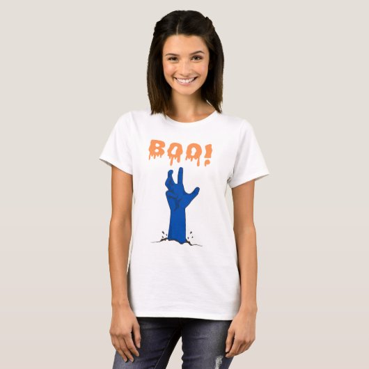 BOO! Zombie Hand Halloween Ontwerp T-shirt (Voorkant volledig)
