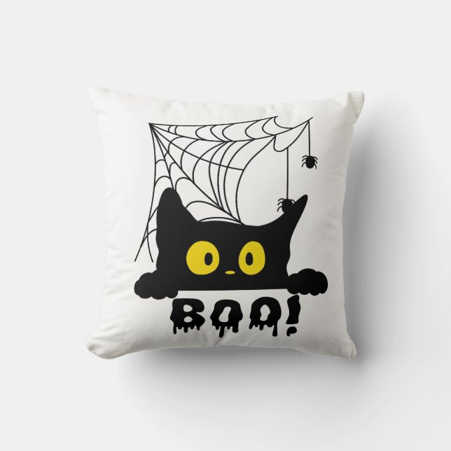 Boo Zwarte Kat Spinnenweb Kussen (Voorkant)