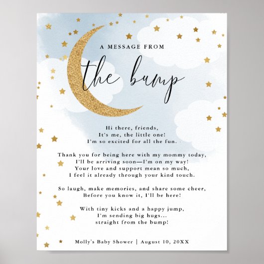 Boodschap van het Bump Blue Gold Moon Baby shower Poster (Voorkant)