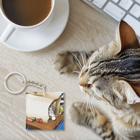 Boodschappen Papieren Tas Kat Keuken Blauw Sleutelhanger