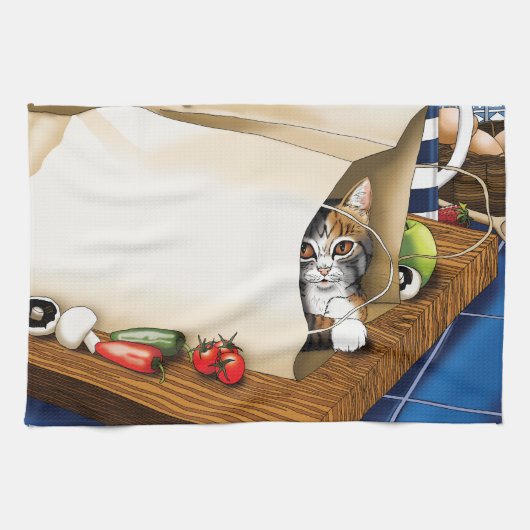 Boodschappen Papieren Tas Kat Keuken Blauw Theedoek (Horizontaal)