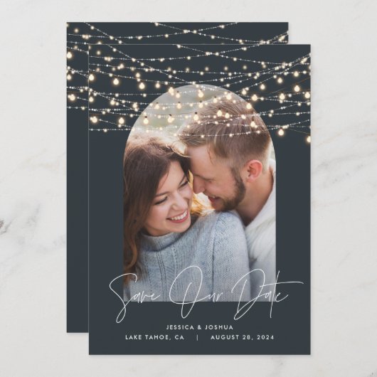 Boog 1 foto slingerlicht script moderne bruiloft save the date (Voorkant / Achterkant)