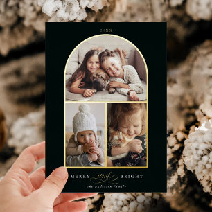 Boog 3 Foto Merry & Bright Goud Folie Kerstkaart Uitnodiging