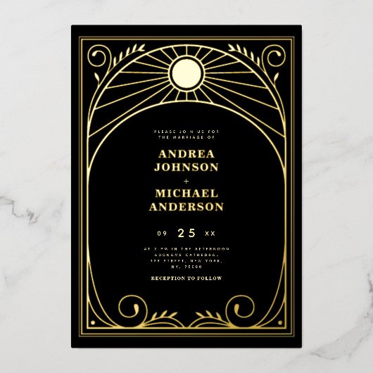  boog Art Nouveau Antiek Gold Wedding Real Folie Uitnodiging (Voorkant)