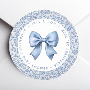 Boog Baby Boy Shower Blauw en Wit Bloemmotief Ronde Sticker