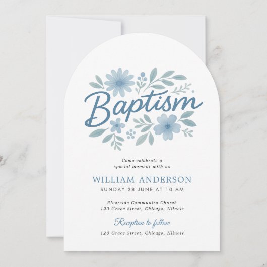 Boog Blauw Bloemen Doop Uitnodiging voor Jongen (Voorkant)