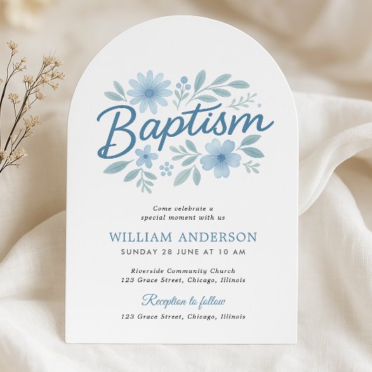Boog Blauw Bloemen Doop Uitnodiging voor Jongen