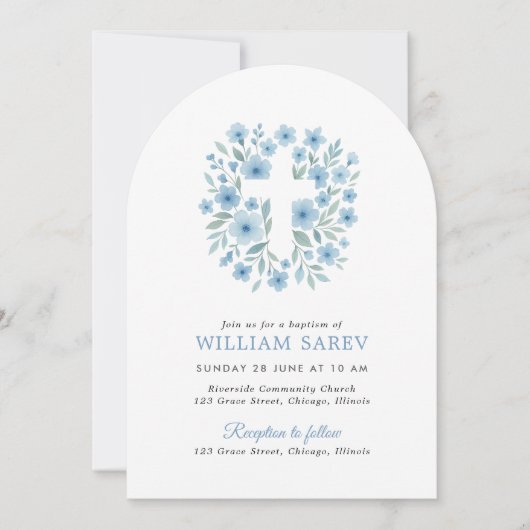 Boog Blauw Bloemen Kruis Jongen Doop Uitnodigen Kaart (Voorkant)
