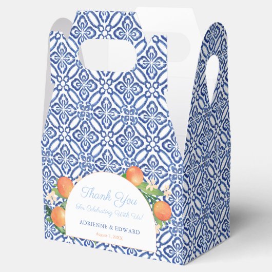 Boog Blauw Tegels Sinaasappels Mediterraan Bruilof Bedankdoosjes (Geopend)