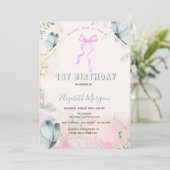 Boog Bloemen Blauwe Vlinders Gestreepte Verjaardag Kaart (Staand voorkant)