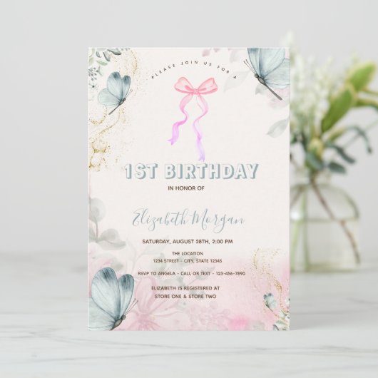 Boog Bloemen Blauwe Vlinders Gestreepte Verjaardag Kaart (Staand voorkant)