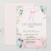 Boog Bloemen Blauwe Vlinders Gestreepte Verjaardag Kaart (Voorkant / Achterkant)