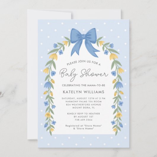 boog bloemig Baby shower blauw uitnodiging (Voorkant)