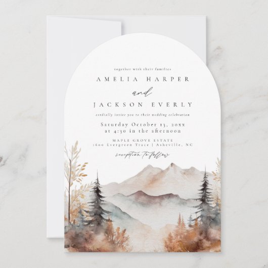 Boog Boho Waterverf Mountain bruiloft uitnodiging (Voorkant)