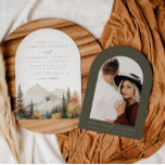 Boog Boho Waterverf Mountain bruiloft uitnodiging<br><div class="desc">Dit is een bruiloft uitnodiging met een prachtige waterverf herfst bergscène en een elegante lettercombinatie. Bewerk alle bewoordingen en alle kleuren behalve de kleur van de waterverf bergscène. De kleur van de groenblijvende druppel kan niet worden bewerkt. // Voor overeenkomende items, bezoek dan het "SAWYER" collectie in de Sincerely By...</div>