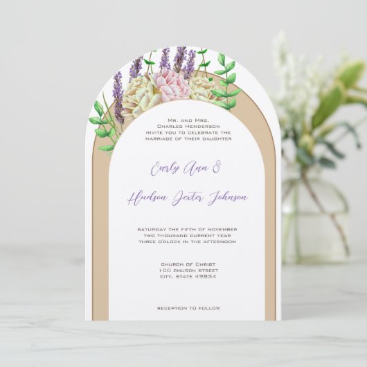 boog Boho Wildflower Paarse bloesem Kaart (Staand voorkant)