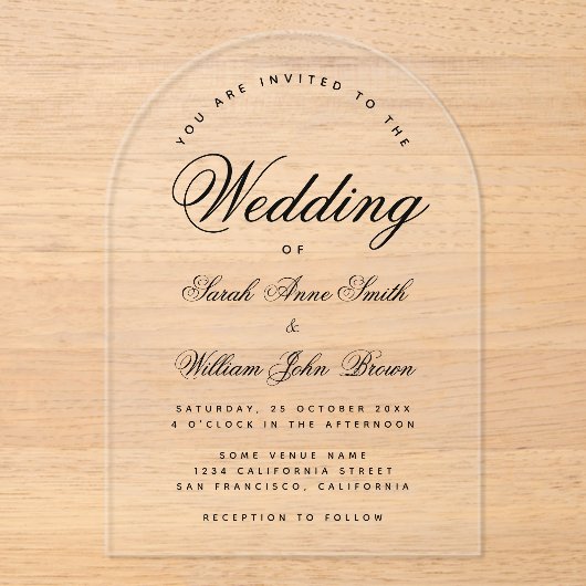 Boog bruiloft modern minimalistisch transparant sc acryl uitnodigingen (Voorkant)