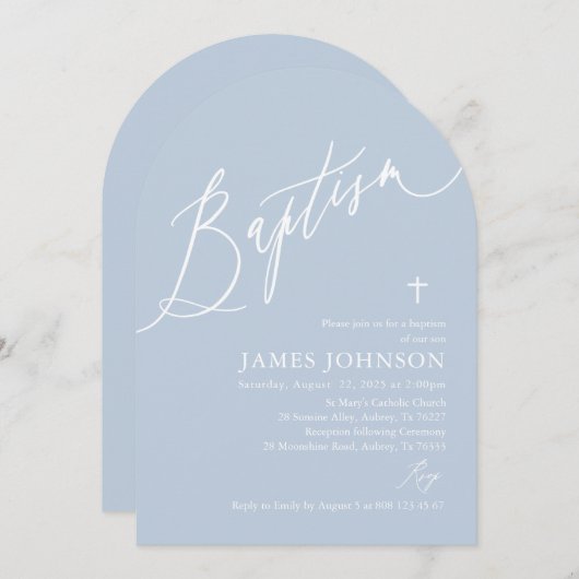 Boog Dusty Blauw Wit Kruis Jongen Doop Uitnodiging (Voorkant / Achterkant)