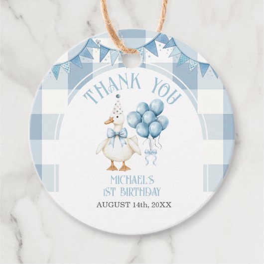 Boog Eén Domme Gans 1e Verjaardag Blauwe Gingham Bedankjes Labels (Voorkant)