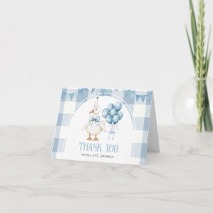 Boog Eén Domme Gans 1e Verjaardag Blauwe Gingham Bedankkaart