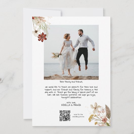 Boog en bloemen Bruiloft Dank u foto Qr scan Bedankkaart (Achterkant)