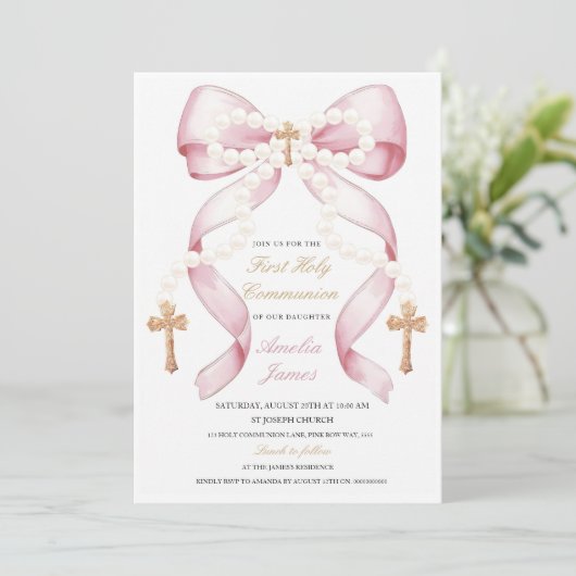 Boog en parels Heilige Communie Uitnodiging | eleg (Staand voorkant)