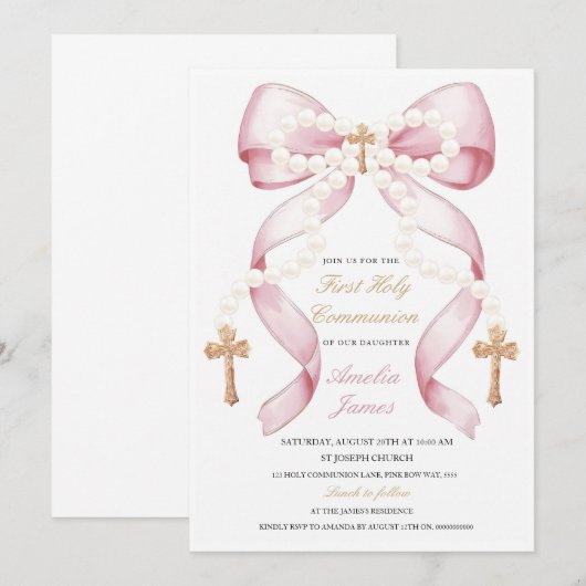 Boog en parels Heilige Communie Uitnodiging | eleg (Voorkant / Achterkant)
