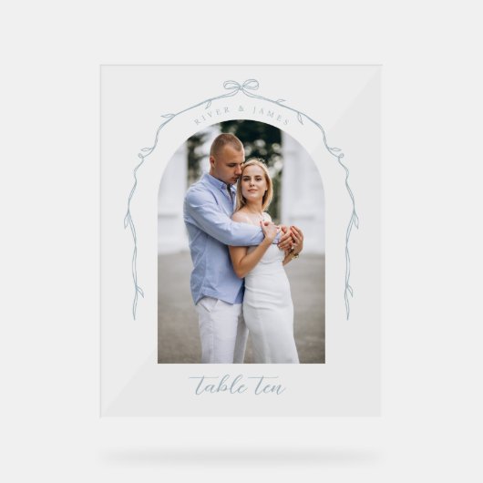 Boog Foto Blauw Bow & Lint Trouwtafel Nummer Acryl Bord (Voorkant)
