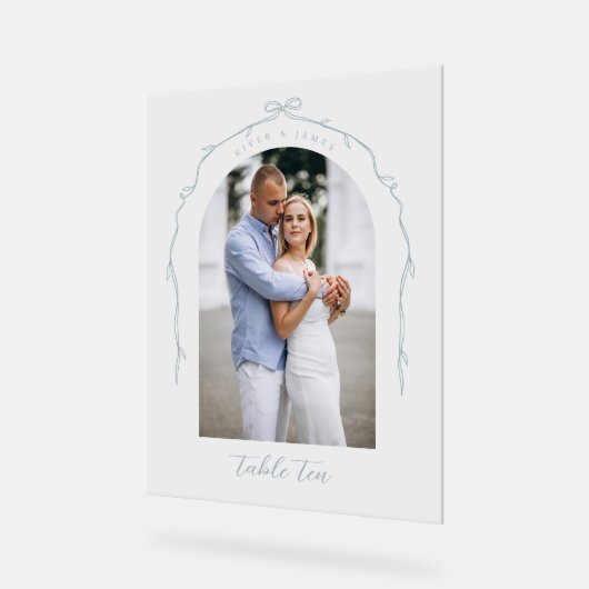 Boog Foto Blauw Bow & Lint Trouwtafel Nummer Acryl Bord (Hoek)