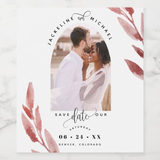 Boog Foto, Blush verlaat Bruiloft Save the Date Wijn Etiket (Enkel label)