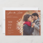 Boog foto Botanische Foliage Terracotta Horizontal Save The Date (Voorkant)
