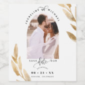 Boog Foto, Gouden bladeren Bruiloft Save the Date Wijn Etiket (Enkel label)