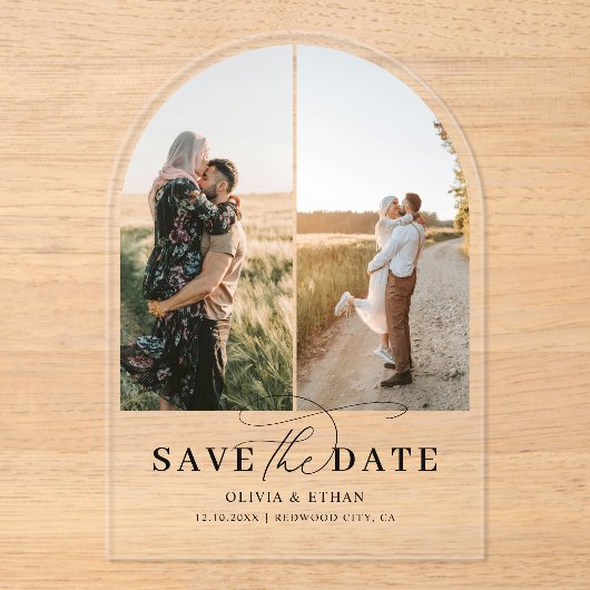 Boog Fotokalligrafie Trouwen Save the Date Acryl Uitnodigingen (Voorkant)