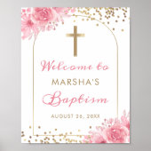 Boog Goud Glitter Roze Bloemen Doop Welkom Teken Poster (Voorkant)