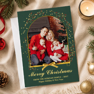 Boog Goud Groen Lint 4 Foto Kerstvakantie Feestdagenkaart
