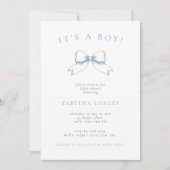  boog het is een jongen stoffig blauw Baby shower Kaart (Voorkant)