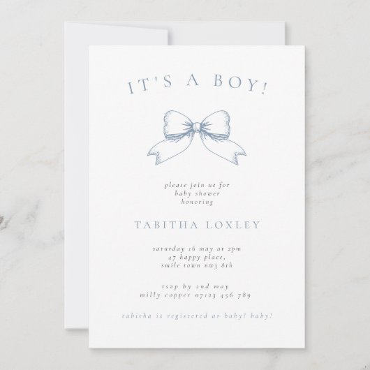 boog het is een jongen stoffig blauw Baby shower Kaart (Voorkant)