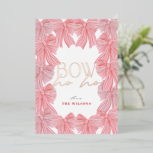 Boog Ho Rood & Roze Bogen Foto Kerst Folie Feestdagenkaart (Staand Voorkant)