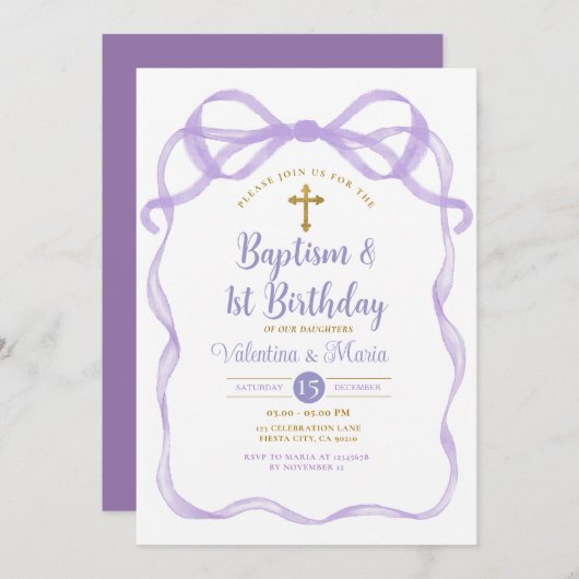 Boog lint doop & 1e verjaardag Paarse Kaart (Voorkant / Achterkant)