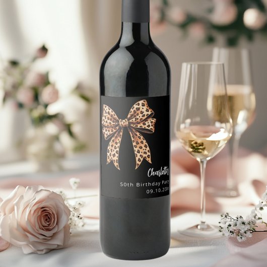 Boog luipaard print zwarte verjaardag wijn etiket