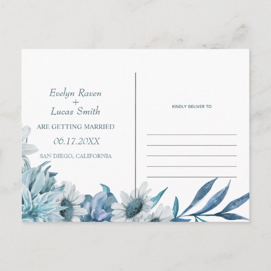 Boog met blauwe bloemen en bladeren vallen bruilof briefkaart (Achterkant)