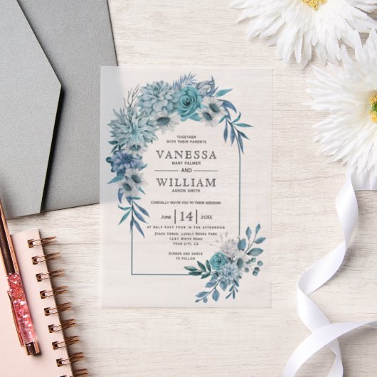 Boog met blauwgroen blauw bloemstuk bruiloft vellum uitnodigingen (Huwelijk)