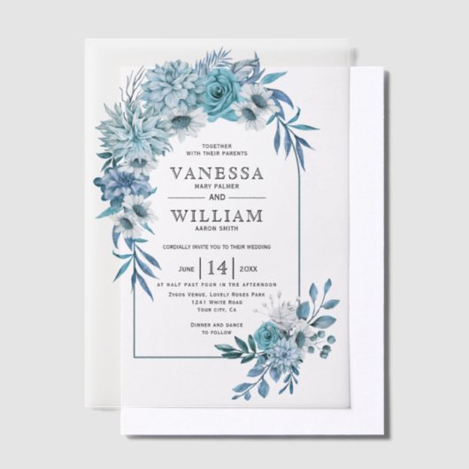 Boog met blauwgroen blauw bloemstuk bruiloft vellum uitnodigingen (Offset)