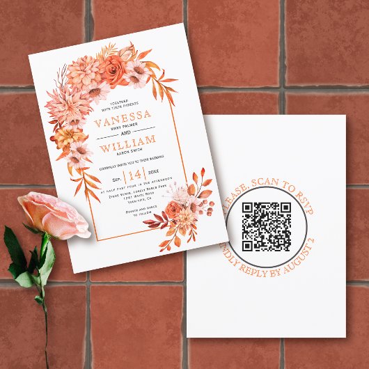 Boog met oranje bloemen QR code herfst bruiloft Kaart