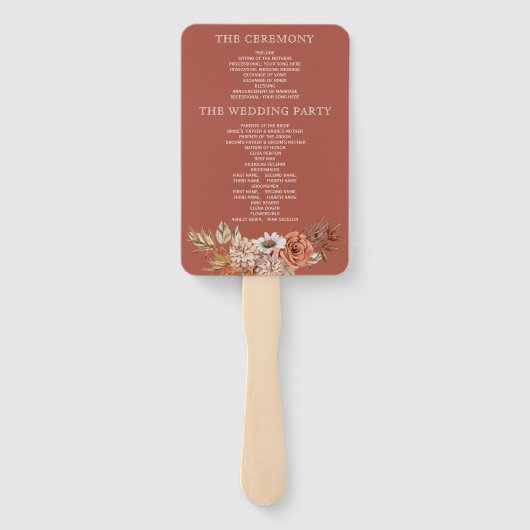 Boog met terracotta bloemen bruiloft programma handwaaier (Achterkant)